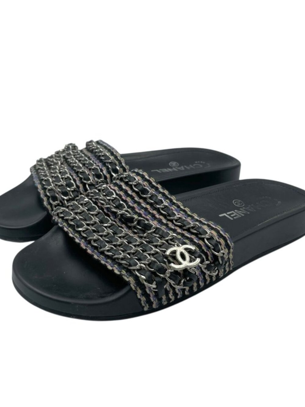 Chanel Sandals Leather CC Logo 6 Chain Shoes Flat Black